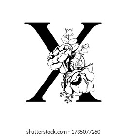 Vector flower alphabet. Floral design of letter X. Decoration of wedding invitations, cards, business cards of florists. Large delicate flowers in a line style