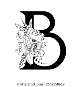 Alfabeto de flor vectorial. Diseño floral de la letra B. Decoración de invitaciones a bodas, tarjetas, tarjetas de visita de floristas. Hermosas peonías delicadas en un estilo de línea