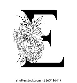 Vector flower alphabet. Floral design of letter E. Decoration of wedding invitations, cards, business cards of florists. Beautiful delicate peonies flowers in a line style