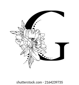 Vector flower alphabet. Floral design of letter G. Decoration of wedding invitations, cards, business cards of florists. Beautiful delicate peonies flowers in a line style