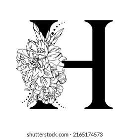 Vector flower alphabet. Floral design of letter H. Decoration of wedding invitations, cards, business cards of florists. Beautiful delicate peonies flowers in a line style