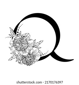 Vektorblumenalphabet. Blumendesign des Buchstabens Q. Dekoration von Hochzeitseinladungen, Karten, Visitenkarten von Floristen. Schöne, zarte Pfingstrosen blühen im Linienstil