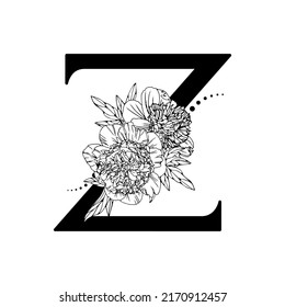 Vector flower alphabet. Floral design of letter Z. Decoration of wedding invitations, cards, business cards of florists. Beautiful delicate peonies flowers in a line style