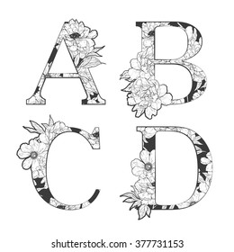 Vector flower alphabet. Tattoo art, coloring books. Hand drawn vector illustration Isolated on white background. 