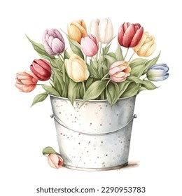 Vector flower arrangement of flowers in a bucket. Greeting card, invitation, poster, wedding decoration and other images