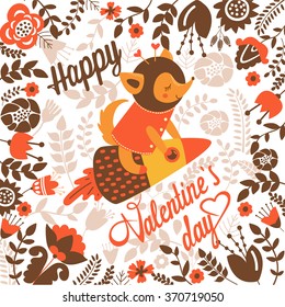 Vector flower background with cosmic fox on a rocket.