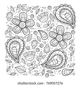 Vector flower background. Cute Scrapbook set of leafs and flowers. Abstract floral illustration. Black and white doodle pattern.