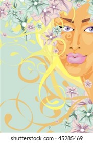VECTOR Flower background with a portrait of the beautiful young girl