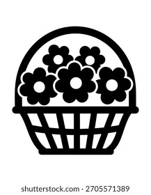 Icono de canasta de flores de Vector. Cesta de mimbre tejida llena de cinco flores de margarita. Ilustración de jardín negro audaz ideal para diseños de primavera, logotipos de floristería e iconos de Pascua.