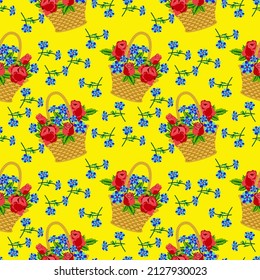 Vector - ilustración de la cesta de flores, patrón sin fisuras con flores de rosa,
