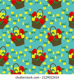Vector - ilustración de la cesta de flores, patrón sin fisuras con flores de rosa,
