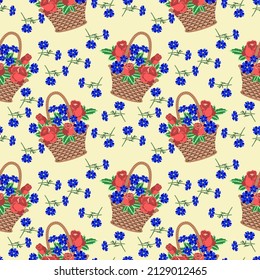 Vector - ilustración de la cesta de flores, patrón sin fisuras con flores de rosa,