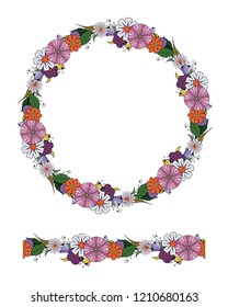 Vector flower beautiful wreath and seamless brush in violet shades, isolated on white. Hand drawn doodle. Design for invitation, wedding or greeting cards, advertisement, sale banners, endless texture