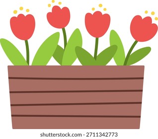 Vektor Blumenbeet mit roten Tulpen. Erste blühende Pflanzen Illustration. Blumenclipart. Süße flache Frühlingsblumen Symbol einzeln auf weißem Hintergrund.
