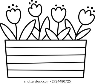 Vector flower bed with tulips coloring page. First blooming plants black and white illustration. Floral clipart. Cute spring flowers line icon isolated on white background
