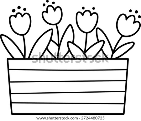 Vector flower bed with tulips coloring page. First blooming plants black and white illustration. Floral clipart. Cute spring flowers line icon isolated on white background
