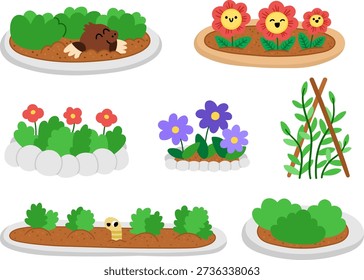 Vector flower beds icon set. Garden blooming plant with stone railing collection. Cute park florals clipart pack. Baby greenery with leaves isolated on white background. Flat spring illustration
