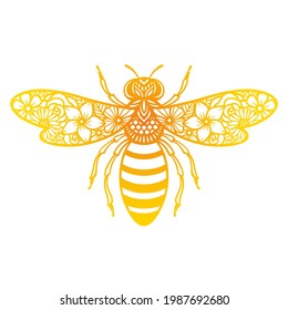 Vector flower bee.Floral insect silhouette. Template for paper cutting, printing on a T-shirt, mug. Flat style. Hand drawn decorative element for your design. Isolated on white background.