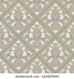 Vector Flower and Birds Composition with Geometry in Pastel Colors seamless pattern background.