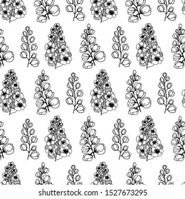 Vector flower black line seamless pattern. Floral seamless pattern, vector seamless background. Decorative vector seamless illustration, good for printing. Great for label, print, packaging, fabric.