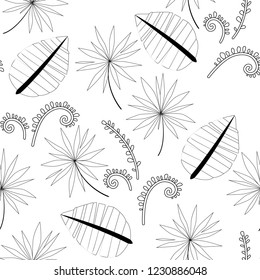Vector flower black-white pattern. Seamless botanic texture, detailed flowers illustrations. Floral pattern in doodle style, spring floral background.