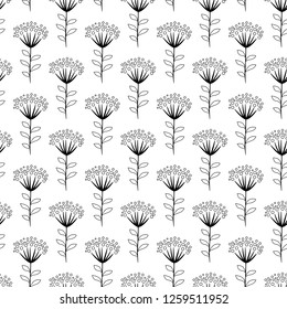 Vector flower black-white pattern. Seamless botanic texture, detailed flowers illustrations. Floral pattern in doodle style, spring floral background.