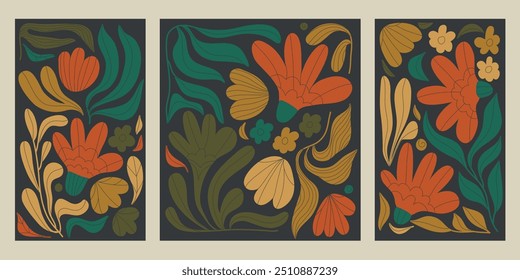 Vector flower boho ornament, floral leaves wave illustration, abstract exotic summer posters, jungle organic prints. Orange, green, brown colors.