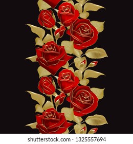 Vector Flower Border. Realistic rose, 3d illustration. Red and gold