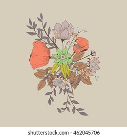 Vector flower bouquet, botanical and floral decoration hand drawn, vector illustration
