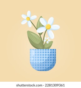 Buqué de flores vectoriales. Chamomile en una hermosa olla azul. Plantas estacionales domésticas. Primavera, verano flores silvestres. Ilustración en un estilo plano.