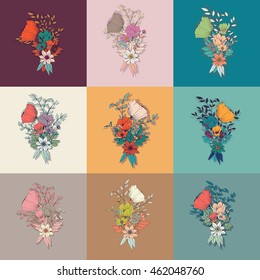 Vector flower bouquet, collection, botanical and floral decoration hand drawn, vector illustration