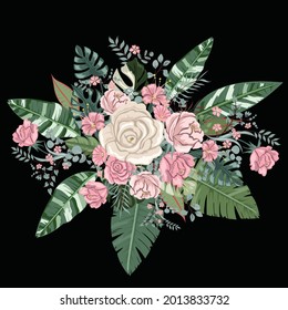 Vector flower bouquet design: Rose motif sketch for design.Wedding vector invite card Watercolor designer element.watercolor flowers. floral illustration, Leaf and buds. Botanic composition.