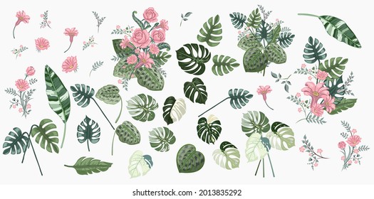 Vector flower bouquet design set: Rose motif sketch for design set.Wedding vector invite card Watercolor design element.watercolor flowers. floral illustration, Leaf and buds. Botanic composition set.