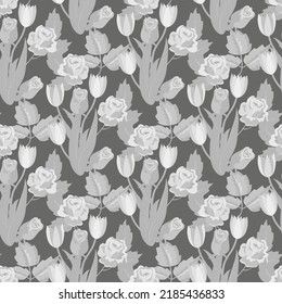 Vector - flower bouquet seamless pattern, roses and tulips illustration.