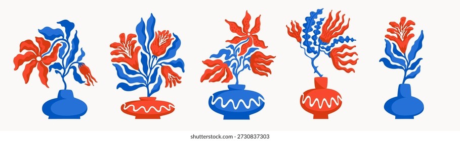 Vector flower bouquet set in red and blue with decorative vases. Floral spring plant illustrations in modern flat wavy style, perfect for greeting cards, textile prints, posters, and packaging design.
