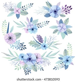 Vector flower bouquets collection. Elegant floral element set. Cute pastel plants. Watercolor effect.