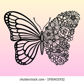 Vector flower butterfly. Insect silhouette. Template for laser and paper cutting, printing on a T-shirt, mug. Flat style. Hand drawn decorative element for your design.