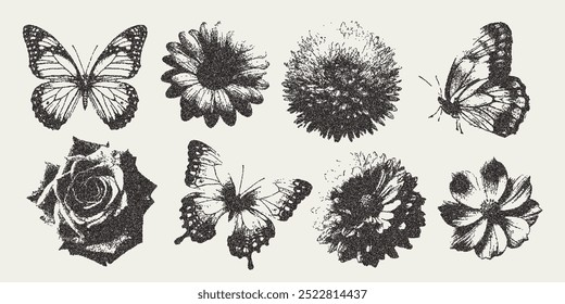 Vector flower and butterfly trendy retro photocopy effect. Modern stipple dots texture for design art. y2k vintage collage set.