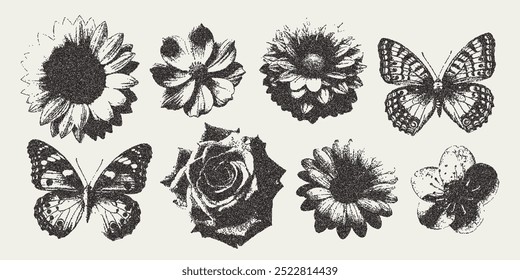 Vector flower and butterfly trendy retro photocopy effect. Modern stipple dots texture for design art. y2k vintage collage set.