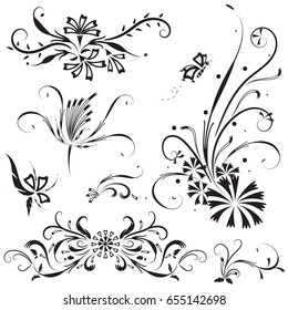 Vector of flower calligraphic design elements in black lines swirl on white background