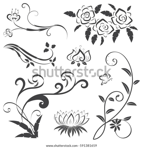 Vector of flower calligraphic design\
elements in black lines swirl on white\
background