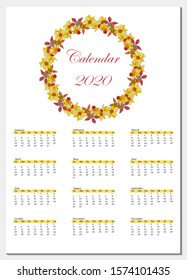 Vector flower candy color wreath one page calendar 2020 year. Spring, summer botanical design. 