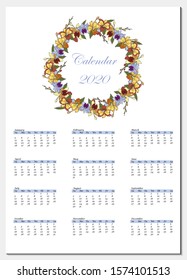 Vector flower candy color wreath one page calendar 2020 year. Spring, summer botanical design. 