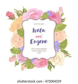 Vector flower card with inscription on frame. Congratulations. Vintage. Romantic invitation. Wedding, marriage, wedding, birthday, Valentine's Day. Isolated.