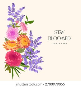 Vector flower card with lavender, chrysanthemum, and dahlia blossoms in a colorful composition. Botanical illustration ideal for greeting cards, invitations, packaging, posters, branding, cover