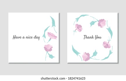 Vector flower card template set with pink bindweeds and mint green leaves