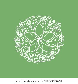 Vector flower circle emblem. Eco concept. Linear style elegant art for fashion, beauty salon, spa, yoga, floral or jewelry store brand identity, cosmetics. White line on green background