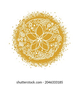 Vector flower circle emblem. Golden color. Yoga concept. Linear style art for fashion, textile print, beauty salon, spa, eco, floral or jewelry store brand identity, cosmetics. Art school emblem