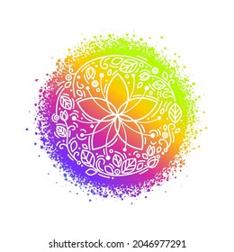 emblema del círculo de flores vectoriales. Color arcoiris. Concepto de yoga. Arte lineal para moda, imprenta textil, salón de belleza, spa, eco, floral o cosmética identidad de marca de tienda. Emblema de la escuela de arte infantil