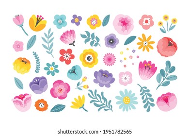 Vector flower clipart set in bright colors and minimalistic style. Hand drawn colorful floral elements. Leaves, buds and branches. Floral ornament decoration.